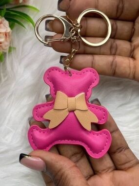 Teddy Bear Keychain Bag charm Hit Pink with Tan Bow - NWT